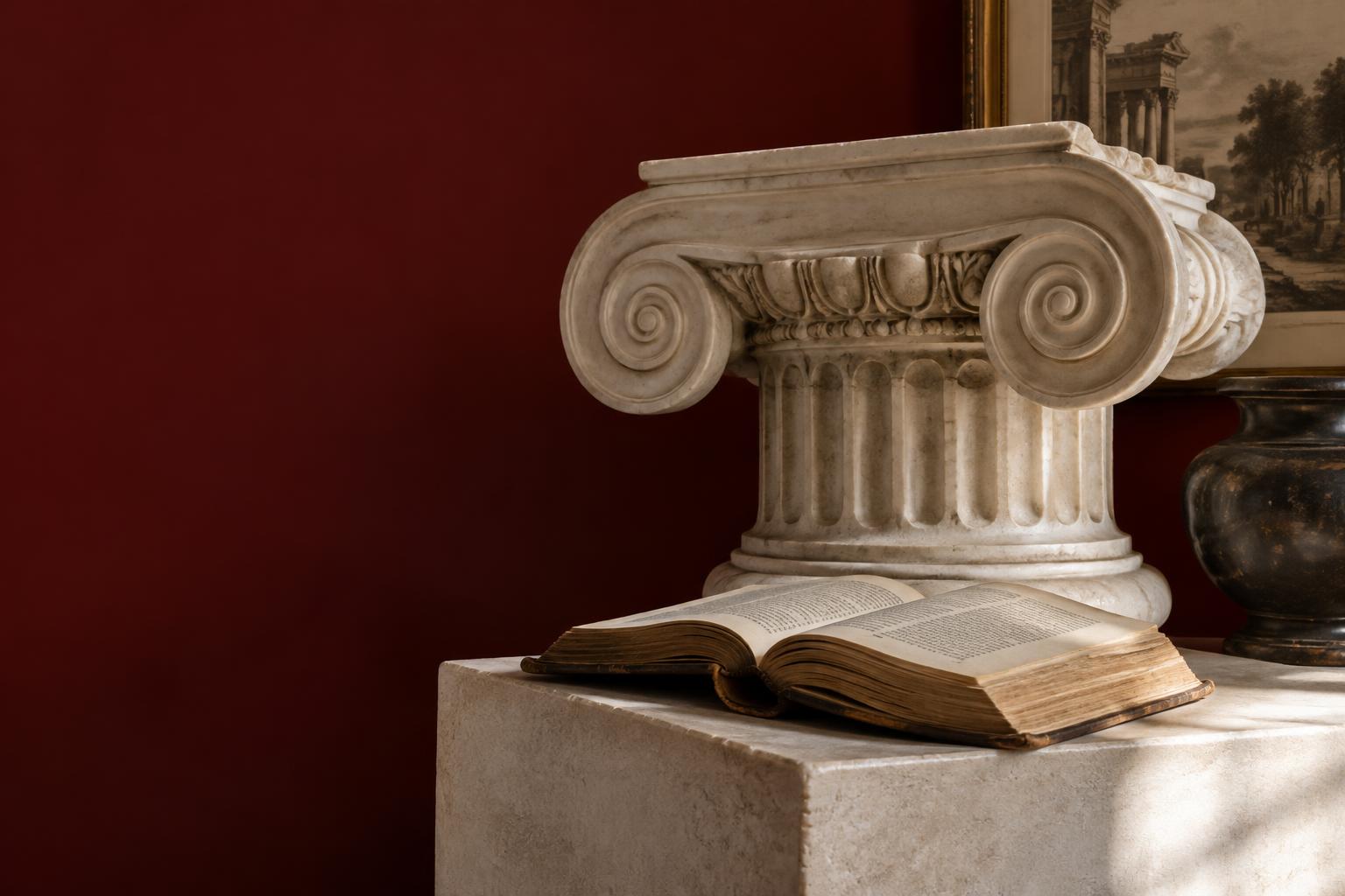 Marble Ionic capital and an open book in a classical study